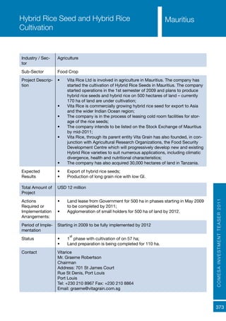 COMESAINVESTMENTTEASER2011
373
Industry / Sec-
tor
Agriculture
Sub-Sector Food Crop
Project Descrip-
tion
•	 Vita Rice Ltd is involved in agriculture in Mauritius. The company has
started the cultivation of Hybrid Rice Seeds in Mauritius. The company
started operations in the 1st semester of 2009 and plans to produce
hybrid rice seeds and hybrid rice on 500 hectares of land – currently
170 ha of land are under cultivation;
•	 Vita Rice is commercially growing hybrid rice seed for export to Asia
and the wider Indian Ocean region;
•	 The company is in the process of leasing cold room facilities for stor-
age of the rice seeds;
•	 The company intends to be listed on the Stock Exchange of Mauritius
by mid-2011;
•	 Vita Rice, through its parent entity Vita Grain has also founded, in con-
junction with Agricultural Research Organizations, the Food Security
Development Centre which will progressively develop new and existing
Hybrid Rice varieties to suit numerous applications, including climatic
divergence, health and nutritional characteristics;
•	 The company has also acquired 30,000 hectares of land in Tanzania.
Expected
Results
•	 Export of hybrid rice seeds;
•	 Production of long grain rice with low GI.
Total Amount of
Project
USD 12 million
Actions
Required or
Implementation
Arrangements:
•	 Land lease from Government for 500 ha in phases starting in May 2009
to be completed by 2011;
•	 Agglomeration of small holders for 500 ha of land by 2012.
Period of Imple-
mentation
Starting in 2009 to be fully implemented by 2012
Status •	 1
st
phase with cultivation of on 57 ha;
•	 Land preparation is being completed for 110 ha.
Contact Vitarice
Mr. Graeme Robertson
Chairman
Address: 701 St James Court
Rue St Denis, Port Louis
Port Louis
Tel: +230 210 8967 Fax: +230 210 8864
Email: graeme@vitagrain.com.sg
Hybrid Rice Seed and Hybrid Rice
Cultivation
Mauritius
 