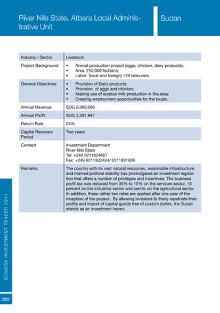 COMESAINVESTMENTTEASER2011
380
SudanRiver Nile State, Atbara Local Adminis-
trative Unit
Industry / Sector Livestock
Project Background •	 Animal production project (eggs, chicken, dairy products);
•	 Area: 250,000 feddans;
•	 Labor: (local and foreign) 120 labourers.
General Objectives •	 Provision of Dairy products;
•	 Provision of eggs and chicken;
•	 Making use of surplus milk production in the area;
•	 Creating employment opportunities for the locals.
Annual Revenue SDG 9,060,000
Annual Profit SDG 2,381,997
Return Rate 24%
Capital Recovery
Period
Two years
Contact Investment Department
River Nile State
Tel: +249 0211824607
Fax: +249 0211822424/ 0211831836
Remarks The country with its vast natural resources, reasonable infrastructure
and marked political stability has promulgated an investment legisla-
tion that offers a number of privileges and incentives. The business
profit tax was reduced from 35% to 15% on the services sector, 10
percent on the industrial sector and zero% on the agricultural sector.
In addition, these rather low rates are applied after one-year of the
inception of the project. By allowing investors to freely repatriate their
profits and import of capital goods free of custom duties, the Sudan
stands as an investment haven.
Sudan
 
