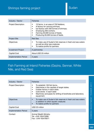 COMESAINVESTMENTTEASER2011
389
Sudan
Industry / Sector Fisheries
Project Description •	 10 farms in an area of 750 feddans;
•	 A factory for canning shrimps;
•	 Ice factory with 200 tonnes of shrimps;
•	 Employing 300 workers;
•	 Farming 30,000 tonnes of feeds;
•	 Producing 65,000 tonnes of feeds.
Project Site Red Sea
Objectives •	 To make use of Sudan’s fish reserves in fresh and sea waters
as well as other sea creatures
•	 To realize profits for partners
Investment Project A partnership
Capital Cost About USD 20 million
Implementation Period 3 years
Shrimps farming project
Fish Farming at Inland Fisheries (Gezira, Sennar, White
Nile, and Red Sea)
Industry / Sector Fisheries
Project Description •	 To establish 100 fish farms.
•	 Hatcheries in the capitals of target states.
•	 Fodder factory in each state.
•	 Cold stores in each state
•	 Machinery and pipes for drilling of boreholes and laboratory
equipment.
Objectives •	 To make use of Sudan’s fish reserves in fresh and sea waters
in addition to other aquatic creatures
•	 To realize profits for partners
Capital Cost USD 20 million
Implementation Period 3 years
Contact Animal Wealth Ministry
Tel: +249 183475996
Fax: +249 183478071
 