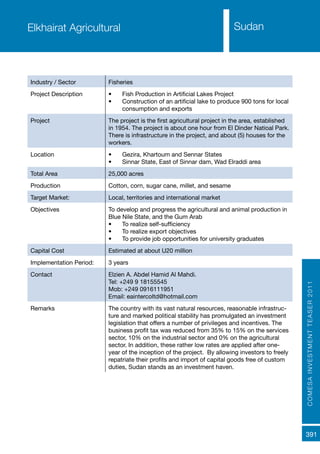 COMESAINVESTMENTTEASER2011
391
Sudan
Industry / Sector Fisheries
Project Description •	 Fish Production in Artificial Lakes Project
•	 Construction of an artificial lake to produce 900 tons for local
consumption and exports
Project The project is the first agricultural project in the area, established
in 1954. The project is about one hour from El Dinder Natioal Park.
There is infrastructure in the project, and about (5) houses for the
workers.
Location •	 Gezira, Khartoum and Sennar States
•	 Sinnar State, East of Sinnar dam, Wad Elraddi area
Total Area 25,000 acres
Production Cotton, corn, sugar cane, millet, and sesame
Target Market: Local, territories and international market
Objectives To develop and progress the agricultural and animal production in
Blue Nile State, and the Gum Arab
•	 To realize self-sufficiency
•	 To realize export objectives
•	 To provide job opportunities for university graduates
Capital Cost Estimated at about U20 million
Implementation Period: 3 years
Contact Elzien A. Abdel Hamid Al Mahdi.
Tel: +249 9 18155545
Mob: +249 0916111951
Email: eaintercoltd@hotmail.com
Remarks The country with its vast natural resources, reasonable infrastruc-
ture and marked political stability has promulgated an investment
legislation that offers a number of privileges and incentives. The
business profit tax was reduced from 35% to 15% on the services
sector, 10% on the industrial sector and 0% on the agricultural
sector. In addition, these rather low rates are applied after one-
year of the inception of the project. By allowing investors to freely
repatriate their profits and import of capital goods free of custom
duties, Sudan stands as an investment haven.
Elkhairat Agricultural
 