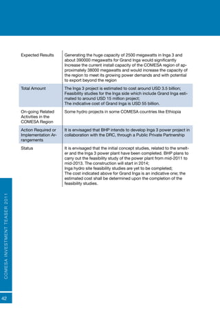 COMESAINVESTMENTTEASER2011
42
Expected Results	 Generating the huge capacity of 2500 megawatts in Inga 3 and
about 390000 megawatts for Grand Inga would significantly
Increase the current install capacity of the COMESA region of ap-
proximately 38000 megawatts and would increase the capacity of
the region to meet its growing power demands and with potential
to export beyond the region
Total Amount The Inga 3 project is estimated to cost around USD 3.5 billion;
Feasibility studies for the Inga side which include Grand Inga esti-
mated to around USD 15 million project;
The indicative cost of Grand Inga is USD 55 billion.
On-going Related
Activities in the
COMESA Region
Some hydro projects in some COMESA countries like Ethiopia
Action Required or
Implementation Ar-
rangements
It is envisaged that BHP intends to develop Inga 3 power project in
collaboration with the DRC, through a Public Private Partnership
Status It is envisaged that the initial concept studies, related to the smelt-
er and the Inga 3 power plant have been completed. BHP plans to
carry out the feasibility study of the power plant from mid-2011 to
mid-2013. The construction will start in 2014;
Inga hydro site feasibility studies are yet to be completed;
The cost indicated above for Grand Inga is an indicative one; the
estimated cost shall be determined upon the completion of the
feasibility studies.
 