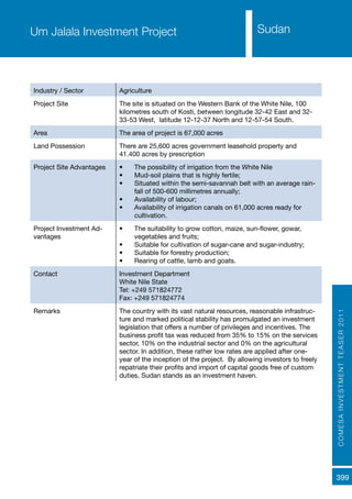 COMESAINVESTMENTTEASER2011
399
SudanUm Jalala Investment Project
Industry / Sector Agriculture
Project Site The site is situated on the Western Bank of the White Nile, 100
kilometres south of Kosti, between longitude 32-42 East and 32-
33-53 West, latitude 12-12-37 North and 12-57-54 South.
Area The area of project is 67,000 acres
Land Possession There are 25,600 acres government leasehold property and
41.400 acres by prescription
Project Site Advantages •	 The possibility of irrigation from the White Nile
•	 Mud-soil plains that is highly fertile;
•	 Situated within the semi-savannah belt with an average rain-
fall of 500-600 millimetres annually;
•	 Availability of labour;
•	 Availability of irrigation canals on 61,000 acres ready for
cultivation.
Project Investment Ad-
vantages
•	 The suitability to grow cotton, maize, sun-flower, gowar,
vegetables and fruits;
•	 Suitable for cultivation of sugar-cane and sugar-industry;
•	 Suitable for forestry production;
•	 Rearing of cattle, lamb and goats.
Contact Investment Department
White Nile State
Tel: +249 571824772
Fax: +249 571824774
Remarks The country with its vast natural resources, reasonable infrastruc-
ture and marked political stability has promulgated an investment
legislation that offers a number of privileges and incentives. The
business profit tax was reduced from 35% to 15% on the services
sector, 10% on the industrial sector and 0% on the agricultural
sector. In addition, these rather low rates are applied after one-
year of the inception of the project. By allowing investors to freely
repatriate their profits and import of capital goods free of custom
duties, Sudan stands as an investment haven.
 
