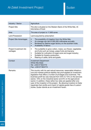 COMESAINVESTMENTTEASER2011
400
SudanAl-Zeleit Investment Project
Industry / Sector Agriculture
Project Site The site is situated on the Western Bank of the White Nile, 45
kilometres of Kosti
Area The area of project is 17,600 acres
Land Possession Land acquired by prescription
Project Site Advantages •	 The possibility of irrigation from the White Nile;
•	 An average rain-fall of 300-500 millimetres annually;
•	 Bordered by Sabina sugar factory on the southern-side;
•	 Availability of labour.
Project Investment Ad-
vantages
•	 The suitability to grow cotton, maize, sun-flower, vegetables
and fruits such as mango, grape fruits and banana;
•	 Suitable for cultivation of sugar-cane and sugar-industry;
•	 Suitable for forestry production;
•	 Rearing of cattle, lamb and goats.
Contact Investment Department
White Nile State
Tel: +249 571824772
Fax: +249 571824774
Remarks The country with its vast natural resources, reasonable infrastruc-
ture and marked political stability has promulgated an investment
legislation that offers a number of privileges and incentives. The
business profit tax was reduced from 35% to 15% on the services
sector, 10% on the industrial sector and 0% on the agricultural
sector. In addition, these rather low rates are applied after one-
year of the inception of the project. By allowing investors to freely
repatriate their profits and import of capital goods free of custom
duties, Sudan stands as an investment haven.
Sudan
 