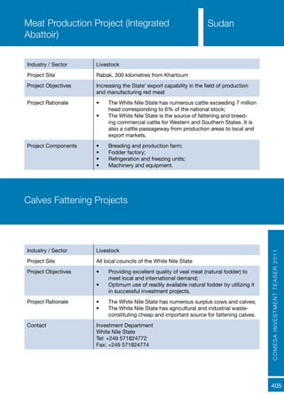 COMESAINVESTMENTTEASER2011
405
SudanMeat Production Project (Integrated
Abattoir)
Industry / Sector Livestock
Project Site Rabak, 300 kilometres from Khartoum
Project Objectives Increasing the State’ export capability in the field of production
and manufacturing red meat
Project Rationale •	 The White Nile State has numerous cattle exceeding 7 million
head corresponding to 6% of the national stock;
•	 The White Nile State is the source of fattening and breed-
ing commercial cattle for Western and Southern States. It is
also a cattle passageway from production areas to local and
export markets.
Project Components •	 Breading and production farm;
•	 Fodder factory;
•	 Refrigeration and freezing units;
•	 Machinery and equipment.
Calves Fattening Projects
Industry / Sector Livestock
Project Site All local councils of the White Nile State
Project Objectives •	 Providing excellent quality of veal meat (natural fodder) to
meet local and international demand;
•	 Optimum use of readily available natural fodder by utilizing it
in successful investment projects.
Project Rationale •	 The White Nile State has numerous surplus cows and calves;
•	 The White Nile State has agricultural and industrial waste-
constituting cheap and important source for fattening calves.
Contact Investment Department
White Nile State
Tel: +249 571824772
Fax: +249 571824774
 