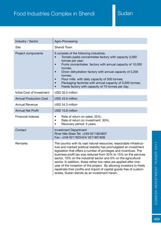 COMESAINVESTMENTTEASER2011
409
SudanFood Industries Complex in Shendi
Industry / Sector Agro-Processing
Site Shendi Town
Project components It consists of the following industries:
•	 Tomato paste concentrates factory with capacity 3,000
tonnes per year;
•	 Fruits concentrates factory with annual capacity of 10,000
tonnes;
•	 Onion dehydration factory with annual capacity of 3,200
tonnes;
•	 Flour mills with daily capacity of 500 tonnes;
•	 Packaging factories with annual capacity of 3,000 tonnes;
•	 Feeds factory with capacity of 70 tonnes per day.
Initial Cost of Investment USD 35.5 million
Annual Production Cost USD 43.5 million
Annual Revenue USD 54.3 million
Annual Net Profit USD 10.8 million
Financial indexes •	 Rate of return on sales: 25%;
•	 Rate of return on investment: 30%;
•	 Recovery period: 3 years.
Contact Investment Department
River Nile State Tel: +249 0211824607
Fax: +249 0211822424/ 0211831836
Remarks The country with its vast natural resources, reasonable infrastruc-
ture and marked political stability has promulgated an investment
legislation that offers a number of privileges and incentives. The
business profit tax was reduced from 35% to 15% on the services
sector, 10% on the industrial sector and 0% on the agricultural
sector. In addition, these rather low rates are applied after one-
year of the inception of the project. By allowing investors to freely
repatriate their profits and import of capital goods free of custom
duties, Sudan stands as an investment haven.
 