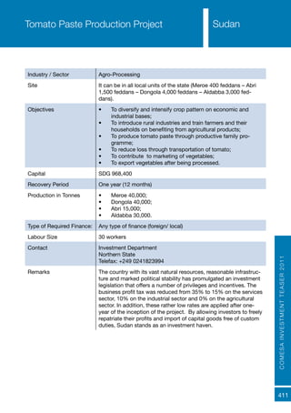 COMESAINVESTMENTTEASER2011
411
SudanTomato Paste Production Project
Industry / Sector Agro-Processing
Site It can be in all local units of the state (Meroe 400 feddans – Abri
1,500 feddans – Dongola 4,000 feddans – Aldabba 3,000 fed-
dans).
Objectives •	 To diversify and intensify crop pattern on economic and
industrial bases;
•	 To introduce rural industries and train farmers and their
households on benefiting from agricultural products;
•	 To produce tomato paste through productive family pro-
gramme;
•	 To reduce loss through transportation of tomato;
•	 To contribute to marketing of vegetables;
•	 To export vegetables after being processed.
Capital SDG 968,400
Recovery Period One year (12 months)
Production in Tonnes •	 Meroe 40,000;
•	 Dongola 40,000;
•	 Abri 15,000;
•	 Aldabba 30,000.
Type of Required Finance: Any type of finance (foreign/ local)
Labour Size 30 workers
Contact Investment Department
Northern State
Telefax: +249 0241823994
Remarks The country with its vast natural resources, reasonable infrastruc-
ture and marked political stability has promulgated an investment
legislation that offers a number of privileges and incentives. The
business profit tax was reduced from 35% to 15% on the services
sector, 10% on the industrial sector and 0% on the agricultural
sector. In addition, these rather low rates are applied after one-
year of the inception of the project. By allowing investors to freely
repatriate their profits and import of capital goods free of custom
duties, Sudan stands as an investment haven.
 