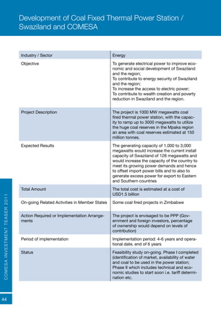 COMESAINVESTMENTTEASER2011
44
Industry / Sector Energy
Objective To generate electrical power to improve eco-
nomic and social development of Swaziland
and the region;
To contribute to energy security of Swaziland
and the region;
To increase the access to electric power;
To contribute to wealth creation and poverty
reduction in Swaziland and the region.
Project Description The project is 1000 MW megawatts coal
fired thermal power station, with the capac-
ity to ramp up to 3000 megawatts to utilize
the huge coal reserves in the Mpaka region
an area with coal reserves estimated at 150
million tonnes.
Expected Results	 The generating capacity of 1,000 to 3,000
megawatts would increase the current install
capacity of Swaziland of 128 megawatts and
would increase the capacity of the country to
meet its growing power demands and hence
to offset import power bills and to also to
generate excess power for export to Eastern
and Southern countries
Total Amount The total cost is estimated at a cost of
USD1.5 billion
On-going Related Activities in Member States Some coal fired projects in Zimbabwe
Action Required or Implementation Arrange-
ments
The project is envisaged to be PPP (Gov-
ernment and foreign investors, percentage
of ownership would depend on levels of
contribution)
Period of implementation Implementation period: 4-6 years and opera-
tional date, end of 6 years
Status Feasibility study on-going. Phase I completed
(identification of market, availability of water
and coal to be used in the power station;
Phase II which includes technical and eco-
nomic studies to start soon i.e. tariff determi-
nation etc.
Development of Coal Fixed Thermal Power Station /
Swaziland and COMESA
 