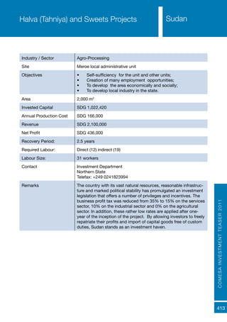 COMESAINVESTMENTTEASER2011
413
SudanHalva (Tahniya) and Sweets Projects
Industry / Sector Agro-Processing
Site Meroe local administrative unit
Objectives •	 Self-sufficiency for the unit and other units;
•	 Creation of many employment opportunities;
•	 To develop the area economically and socially;
•	 To develop local industry in the state.
Area 2,000 m2
Invested Capital SDG 1,022,420
Annual Production Cost SDG 166,000
Revenue SDG 2,100,000
Net Profit SDG 436,000
Recovery Period: 2.5 years
Required Labour: Direct (12) indirect (19)
Labour Size: 31 workers
Contact Investment Department
Northern State
Telefax: +249 0241823994
Remarks The country with its vast natural resources, reasonable infrastruc-
ture and marked political stability has promulgated an investment
legislation that offers a number of privileges and incentives. The
business profit tax was reduced from 35% to 15% on the services
sector, 10% on the industrial sector and 0% on the agricultural
sector. In addition, these rather low rates are applied after one-
year of the inception of the project. By allowing investors to freely
repatriate their profits and import of capital goods free of custom
duties, Sudan stands as an investment haven.
 