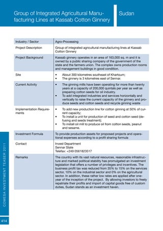COMESAINVESTMENTTEASER2011
414
SudanGroup of Integrated Agricultural Manu-
facturing Lines at Kassab Cotton Ginnery
Industry / Sector Agro-Processing
Project Description Group of integrated agricultural manufacturing lines at Kassab
Cotton Ginnery
Project Background Kassab ginnery operates in an area of 163,000 sq. m and it is
owned by a public sharing company of the government of the
state and the farmers union. The complex owns production rooms
and management buildings in good condition.
Site •	 About 300 kilometres southeast of Khartoum;
•	 The ginnery is 3 kilometres east of Sennar.
Current Activity •	 The ginning mills have been operating for more than twenty
years at a capacity of 200,000 quintals per year as well as
preparing cotton seeds for oil industry.
•	 To add integrated industries and services horizontally and
vertically to raise the current capacity of the ginnery and pro-
duce seeds and cotton seeds and recycle ginning waste
Implementation Require-
ments
•	 To add new production line for cotton ginning at 50% of cur-
rent capacity;
•	 To install a unit for production of seed and cotton seed (de-
fusing and seeds treatment);
•	 To install oil mill to produce oil from cotton seeds, peanut
and sesame.
Investment Formula To provide production assets for proposed projects and opera-
tional expenses according to a profit sharing formula
Contact Invest Department
Sennar State
Telefax: +249 0561823517
Remarks The country with its vast natural resources, reasonable infrastruc-
ture and marked political stability has promulgated an investment
legislation that offers a number of privileges and incentives. The
business profit tax was reduced from 35% to 15% on the services
sector, 10% on the industrial sector and 0% on the agricultural
sector. In addition, these rather low rates are applied after one-
year of the inception of the project. By allowing investors to freely
repatriate their profits and import of capital goods free of custom
duties, Sudan stands as an investment haven.
Sudan
 