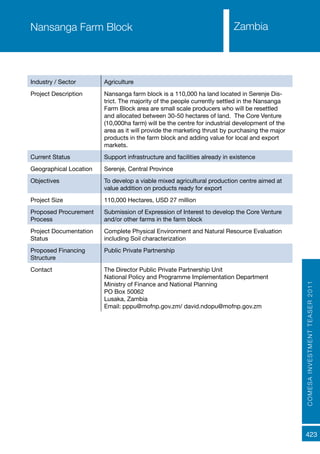 COMESAINVESTMENTTEASER2011
423
ZambiaNansanga Farm Block
Industry / Sector Agriculture
Project Description Nansanga farm block is a 110,000 ha land located in Serenje Dis-
trict. The majority of the people currently settled in the Nansanga
Farm Block area are small scale producers who will be resettled
and allocated between 30-50 hectares of land. The Core Venture
(10,000ha farm) will be the centre for industrial development of the
area as it will provide the marketing thrust by purchasing the major
products in the farm block and adding value for local and export
markets.
Current Status Support infrastructure and facilities already in existence
Geographical Location Serenje, Central Province
Objectives To develop a viable mixed agricultural production centre aimed at
value addition on products ready for export
Project Size 110,000 Hectares, USD 27 million
Proposed Procurement
Process
Submission of Expression of Interest to develop the Core Venture
and/or other farms in the farm block
Project Documentation
Status
Complete Physical Environment and Natural Resource Evaluation
including Soil characterization
Proposed Financing
Structure
Public Private Partnership
Contact The Director Public Private Partnership Unit
National Policy and Programme Implementation Department
Ministry of Finance and National Planning
PO Box 50062
Lusaka, Zambia
Email: pppu@mofnp.gov.zm/ david.ndopu@mofnp.gov.zm
 