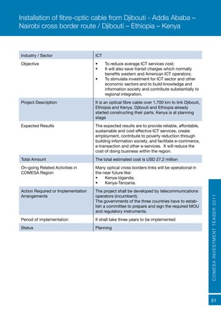 COMESAINVESTMENTTEASER2011
51
Industry / Sector ICT
Objective •	 To reduce average ICT services cost;
•	 It will also save transit charges which normally
benefits western and American ICT operators;
•	 To stimulate investment for ICT sector and other
economic sectors and to build knowledge and
information society and contribute substantially to
regional integration.
Project Description It is an optical fibre cable over 1,700 km to link Djibouti,
Ethiopia and Kenya. Djibouti and Ethiopia already
started constructing their parts. Kenya is at planning
stage
Expected Results	 The expected results are to provide reliable, affordable,
sustainable and cost effective ICT services, create
employment, contribute to poverty reduction through
building information society, and facilitate e-commerce,
e-transaction and other e-services. It will reduce the
cost of doing business within the region.
Total Amount The total estimated cost is USD 27.2 million
On-going Related Activities in
COMESA Region
Many optical cross borders links will be operational in
the near future like:
•	 Kenya-Uganda;
•	 Kenya-Tanzania.
Action Required or Implementation
Arrangements
The project shall be developed by telecommunications
operators (incumbent).
The governments of the three countries have to estab-
lish a committee to prepare and sign the required MOU
and regulatory instruments.
Period of implementation It shall take three years to be implemented
Status Planning
Installation of fibre-optic cable from Djibouti - Addis Ababa –
Nairobi cross border route / Djibouti – Ethiopia – Kenya
 
