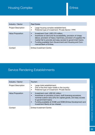 COMESAINVESTMENTTEASER2011
69
Housing Complex Eritrea
Industry / Sector Real Estate
Project Description •	 Large housing complex establishment;
•	 Preferred type of investment: Private Sector / PPP.
Value Proposition •	 Investment Cost: USD 270 million;
•	 Incentives on land and its accessibility, provision of cheap
labour, provision of heavy machinery, provision of supplies the
market fail to provide and easy access to government loans;
•	 Funding available from Government and Housing and Com-
mercial Bank of Eritrea.
Contact Eritrea Investment Centre
Industry / Sector Tourism
Project Description •	 Large hotel establishment;
•	 One of the first major hotels in the country;
•	 Preferred type of investment: Private Sector.
Value Proposition •	 Investment cost: USD 82 million;
•	 Incentives on provision of land, swift licensing procedure,
nominal custom duty (2%) for capital goods, and easy access
to government loans;
•	 Funding available at HCBE and EDIB (Eritrea Development and
Investment Bank) at low interest.
Contact Eritrea Investment Centre
Service Rendering Establishments
 