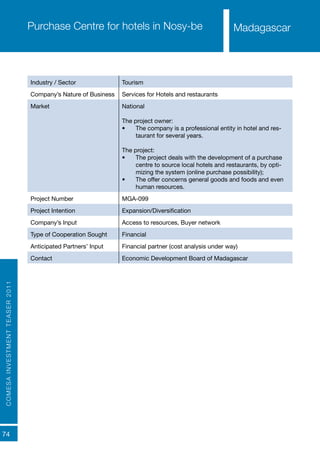 COMESAINVESTMENTTEASER2011
74
MadagascarPurchase Centre for hotels in Nosy-be
Industry / Sector Tourism
Company’s Nature of Business Services for Hotels and restaurants
Market National
The project owner:
•	 The company is a professional entity in hotel and res-
taurant for several years.
The project:
•	 The project deals with the development of a purchase
centre to source local hotels and restaurants, by opti-
mizing the system (online purchase possibility);
•	 The offer concerns general goods and foods and even
human resources.
Project Number MGA-099
Project Intention Expansion/Diversification
Company’s Input Access to resources, Buyer network
Type of Cooperation Sought Financial
Anticipated Partners’ Input Financial partner (cost analysis under way)
Contact Economic Development Board of Madagascar
Madagascar
 