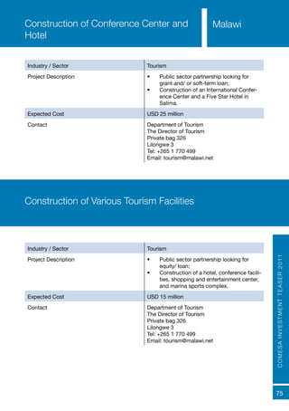COMESAINVESTMENTTEASER2011
75
Industry / Sector Tourism
Project Description •	 Public sector partnership looking for
grant and/ or soft-term loan;
•	 Construction of an International Confer-
ence Center and a Five Star Hotel in
Salima.
Expected Cost USD 25 million
Contact Department of Tourism
The Director of Tourism
Private bag 326
Lilongwe 3
Tel: +265 1 770 499
Email: tourism@malawi.net
Construction of Conference Center and
Hotel
Industry / Sector Tourism
Project Description •	 Public sector partnership looking for
equity/ loan;
•	 Construction of a hotel, conference facili-
ties, shopping and entertainment center,
and marina sports complex.
Expected Cost USD 15 million
Contact Department of Tourism
The Director of Tourism
Private bag 326
Lilongwe 3
Tel: +265 1 770 499
Email: tourism@malawi.net
Construction of Various Tourism Facilities
Malawi
 