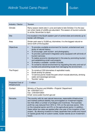 COMESAINVESTMENTTEASER2011
82
SudanAldindir Tourist Camp Project
Industry / Sector Tourism
Climate Rainy season starts late in June and lasts to late October. It is the sea-
son when herds of wildlife are abundant. The season of tourism extends
to winter, November to April.
Site It is located in the South-eastern part of central state and extends up to
border with Ethiopia
Area Dinder park area is 10,000 sq. kilometres. It is the biggest natural re-
serve north of the Equator
Objectives •	 To provide a suitable environment for tourism, entertainment and
study of natural history;
•	 To encourage park tourism and photography;
•	 To provide a permanent integrated camp equipped with all kinds of
tourism services;
•	 To realize economic development in the area by promoting tourism
and establishing small rural projects;
•	 To employ a sizeable number of locals;
•	 To conserve natural environment by regulating the entry and exit of
tourists and preventing locals from damaging the environment.
The Project •	 To construct 250 kilometres of asphalted roads;
•	 Small airstrip for planes;
•	 12 service points inside the park which include electricity, drinking
water and sewerage services;
•	 Tourists’ camp.
Projected Cost of
Infrastructure:
€ 7 million
Contact Ministry of Tourism and Wildlife – Projects’ Department
Tel: +249 83471417
Fax: +249 83472854
Email: www.sudan-tourism.gov.sd
Remarks The country with its vast natural resources, reasonable infrastructure
and marked political stability has promulgated an investment legisla-
tion that offers a number of privileges and incentives. The business
profit tax was reduced from 35% to 15% on the services sector, 10%
on the industrial sector and 0% on the agricultural sector. In addition,
these rather low rates are applied after one-year of the inception of the
project. By allowing investors to freely repatriate their profits and import
of capital goods free of custom duties, Sudan stands as an investment
haven.
Sudan
 