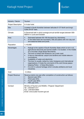 COMESAINVESTMENTTEASER2011
88
SudanKadugli Hotel Project
Industry / Sector Tourism
Project Description A 4-star hotel
Site Located in South Kordofan between latitudes 9-13º North and longi-
tudes 29-32º east;
Climate In Savannah belt in which average annual rainfall ranges between 500-
900mm in June and October
Area •	 Estimated between 83-100 thousand sq. kilometres;
•	 In the state there are mountains, hills and plains with rich clay soil
and seasonal lakes and pools.
Population 1,143,000
Advantages •	 Kadugli is the capital of South Kordofan State which is rich in oil,
agricultural resources and animal wealth. It is located in the middle
of a mountain range (Nuba Mountains);
•	 The town is linked with Khartoum via a main road;
•	 It has an international airport and landline and mobile telecom-
munications;
•	 Availability of water and electricity;
•	 The town is usually visited by many foreigners and international
organizations. It hosts the command of the Joint forces peace-
keeping Police in Nuba Mountains;
•	 It is rich in cultural heritage which includes artefacts and local
industries.
Cost €3 million
Project Revenue Revenue starts one year after completion of construction as follows:
•	 Second year 20%;
•	 Third year 25%;
•	 Fourth year 30%;
•	 Fifth year 25%.
Contact Ministry of Tourism and Wildlife – Projects’ Department
Tel: +249 83471417
Fax: +249 83472854
Email: www.sudan-tourism.gov.sd
Sudan
 