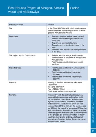 COMESAINVESTMENTTEASER2011
93
SudanRest Houses Project at Alnagaa, Almusa-
warat and Albijarawiya
Industry / Sector Tourism
Site In the River Nile State which is home to several
tourist areas like archaeological areas of Alna-
gaa and Almusawarat Alsafra
Objectives •	 To attract tourists and promote cultural
tourism and boat riding tourism in the
River Nile;
•	 To promote domestic tourism;
•	 To realize economic development in the
area;
•	 To create jobs and reduce unemployment
in the area.
The project and its Components •	 To build a tourist village which has ac-
commodation of 150 beds in Alnagaa and
Almusawarat;
•	 Rest houses provide integrated tourist
services.
Projected Cost •	 Rest houses and toilets in Almusawarat:
€250,000;
•	 Rest houses and toilets in Alnagaa:
€250,000;
•	 Rest houses and toilets Albijarawiya:
€250,000.
Contact Ministry of Tourism and Wildlife – Projects’
Department
Tel: +249 83471417
Fax: +249 83472854
Email: www.sudan-tourism.gov.sd
Remarks The country with its vast natural resources,
reasonable infrastructure and marked politi-
cal stability has promulgated an investment
legislation that offers a number of privileges
and incentives. The business profit tax was
reduced from 35% to 15% on the services sec-
tor, 10% on the industrial sector and 0% on the
agricultural sector. In addition, these rather low
rates are applied after one-year of the inception
of the project. By allowing investors to freely
repatriate their profits and import of capital
goods free of custom duties, Sudan stands as
an investment haven.
Sudan
 