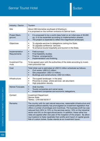 COMESAINVESTMENTTEASER2011
100
SudanSennar Tourist Hotel
Industry / Sector Tourism
Site About 280 kilometres southeast of Khartoum;
It is proposed on the northern entrance to Sennar town.
Project Back-
ground
•	 It is proposed to be a world class hotel on an initial area of 30,000
sq. m to be expanded according to implementation phases;
•	 The project is expected to reflect the magnificent landscape.
Objectives •	 To upgrade services to delegations visiting the State;
•	 To upgrade conference services;
•	 To enhance tourist hospitality and tourism in the State.
Implementation
Requirements
•	 Field surveys;
•	 Final feasibility studies;
•	 Finance arrangements;
•	 Implementation and finishing.
Investment For-
mula
To be agreed upon with the authorities of the state according to invest-
ment promotion law
Cost Total initial cost is estimated at USD12 million scheduled as follows:
•	 Civil works: USD 0.2 million;
•	 Site preparation: USD 5.3 million;
•	 Buildings and constructions: USD 5.6 million.
Infrastructure •	 The superb landscape in the area;
•	 Proximity to areas where services are abundant;
•	 High population density.
Market Forecasts •	 Arab tourists;
•	 Tourist companies and camel races;
•	 Investment companies and economic delegations.
Contact Investment Department
Sennar State
Telefax: +249 0561823517
Remarks: The country with its vast natural resources, reasonable infrastructure and
marked political stability has promulgated an investment legislation that
offers a number of privileges and incentives. The business profit tax was
reduced from 35% to 15% on the services sector, 10% on the industrial
sector and 0% on the agricultural sector. In addition, these rather low
rates are applied after one-year of the inception of the project. By allow-
ing investors to freely repatriate their profits and import of capital goods
free of custom duties, Sudan stands as an investment haven.
Sudan
 