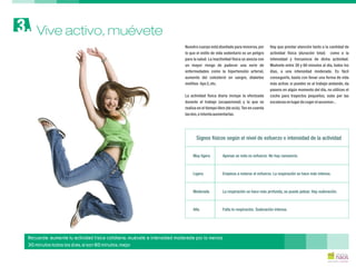 Nuestro cuerpo está diseñado para moverse,por Hay que prestar atención tanto a la cantidad de
lo que el estilo de vida sedentario es un peligro actividad física (duración total) como a la
para la salud. La inactividad física se asocia con intensidad y frecuencia de dicha actividad.
un mayor riesgo de padecer una serie de Muévete entre 30 y 60 minutos al día, todos los
enfermedades como la hipertensión arterial, días, a una intensidad moderada. Es fácil
aumento del colesterol en sangre, diabetes conseguirlo, basta con llevar una forma de vida
mellitus tipo2,etc. más activa: si puedes ve al trabajo andando, da
paseos en algún momento del día, no utilices el
coche para trayectos pequeños, sube por lasLa actividad física diaria incluye la efectuada
escalerasenlugardecogerelascensor...durante el trabajo (ocupacional) y la que se
realiza en el tiempo libre (de ocio).Ten en cuenta
lasdos,eintentaaumentarlas.
Signos físicos según el nivel de esfuerzo o intensidad de la actividad
Apenas se nota es esfuerzo. No hay cansancio.Muy ligera
Ligera Empieza a notarse el esfuerzo. La respiración se hace más intensa.
Moderada La respiración se hace más profunda, se puede jadear. Hay sudoración.
Alta Falta la respiración. Sudoración intensa.
Vive activo, muévete3.
Recuerda: aumenta tu actividad física cotidiana, muévete a intensidad moderada por lo menos
30 minutos todos los días, si son 60 minutos, mejor
 