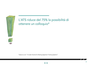 12
*www.cio.com “5 Insider Secrets for Beating Applicant Tracking Systems”
L'ATS riduce del 75% la possibilità di
ottenere un colloquio*
 