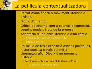 La pel·lícula contextualitzadora Retrat d’una època o moviment literaria o artístic. Biopic d’un autor. Crítica de cinema com a exercici d’expressió, seguint models trets de la premsa.  Adaptació d’una obra literària o d’un còmic… Llicència de Carmen Echazarreta Projecte ARPA Pel·lícula de tesi: exposició d’idees polítiques, històriques…a través del mitjà cinematogràfic, Dibuix d’un moment històric… Pel·lícules sobre o durant la Guerra Civil: La Guerra Civil en el cine 