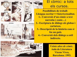 El còmic: a tots els cursos.   Veinte años de cómic.  Aula de Literatura  Vicens Vives, Barcelona: 1993. Possibilitats de treball:  Llengua escrita===Intertextualitat. 1.- Conversió d’un còmic a text narratiu ( conte…) 2.- Escriptura de diàlegs als globus i cartutxos. 3.- Descripció de la història com si fos un guió. 4.- Conversió dels diàlegs a estil indirecte. 