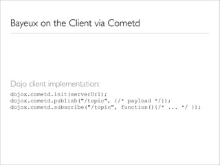 Bayeux on the Client via Cometd




Dojo client implementation:
dojox.cometd.init(serverUrl);
dojox.cometd.publish(quot;/t...