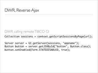 DWR, Reverse Ajax



DWR calling remote TIBCO GI
Collection sessions = context.getScriptSessionsByPage(url);

Server serve...