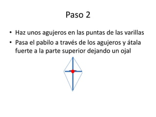 Paso 2
• Haz unos agujeros en las puntas de las varillas
• Pasa el pabilo a través de los agujeros y átala
fuerte a la parte superior dejando un ojal