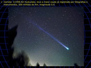 Ø  Cometa C/1996 B2 Hyakutake, teve a maior cauda já registrada por fotografias e
    instrumentos, 500 milhões de Km, magnitude 0.0.
 