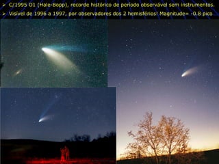Ø  C/1995 O1 (Hale-Bopp), recorde histórico de período observável sem instrumentos.
Ø  Visível de 1996 a 1997, por observadores dos 2 hemisférios! Magnitude= -0.8 pico
 