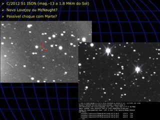 Ø  C/2012 S1 ISON (mag.-13 a 1.8 MKm do Sol)
Ø  Novo Lovejoy ou McNaught?
Ø  Possível choque com Marte?
 