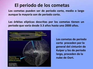El periodo de los cometas
Los cometas pueden ser de periodo corto, medio o largo
aunque la mayoría son de periodo corto.

Las órbitas elípticas descritas por los cometas tienen un
periodo que varía desde 3.3 años hasta uno 2000 años.

Los cometas de periodo
corto proceden por lo
general del cinturón de
Kuiper y los de periodo
largo, proceden de la
nube de Oort.

 
