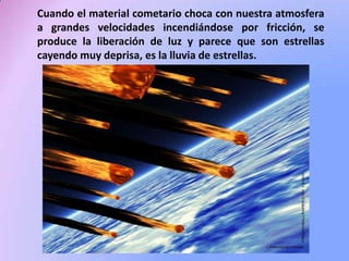 Cuando el material cometario choca con nuestra atmosfera
a grandes velocidades incendiándose por fricción, se
produce la liberación de luz y parece que son estrellas
cayendo muy deprisa, es la lluvia de estrellas.

 