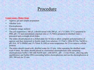 Procedure
Comet assay- Major Steps
• Agarose gel and sample preparation
• Alkaline lysis
• Electrophoresis
• Computer image analysis
• The cell suspension ( 100 µL ) should mixed with 200 µL. of 1 % LMA ( 37 C) prepared in
PBS, pH -7.4 and immediately pipetted onto a 1 % NMA (prepared in distilled water )
precoated and overnight dried slides.
• The slides should placed on a chilled plate for 10 min to allow complete polymerization of
agarose and then immersed in freshly made lysis solution ( 2.5 NaCl, 100m M Tris, NaOH to ,
pH 10.0, 10 % DMSO and 1% Triton X-100) at room temperature for 2 h to remove cellular
proteins
• The slides should rinsed with distilled water for 15 min. After repeating the distilled water
wash 4 times, the slides should placed in a horizontal electrophoresis tank containing
electrophoresis buffer ( 300 mM NaOH and 1 mM EDTA , pH - 13) for 45min , allowing salty
equilibration and further DNA unwinding before electrophoresis and run the electrophoresis at
20V, 300 mA for 25 min
 