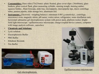 • Consumables: Glass sides (75x25mm)- plain/ frosted, glass cover slips ( 24x60mm), glass
beakers, glass conical flask, glass measuring cylinder, staining trough, staining amber,
squeeze bottles , blunt foreceps, slide tray, micropipette, micropipette tips, micro centrifuge
tubes, pasture pipette, slide storage box, aluminum foil.
• Instruments : Electronic weighing balance ( minimum 0.001 g sensitivity) , centrifuge,
microwave oven, magnetic stirrer, pH meter, vortex mixer, refrigerator, water distillation unit,
horizontal submarine gel electrophoresis system with power pack, platform rocker, bright-
field light microscope / epifluorescence microscope, charge-coupled device camera, computer
with image analysis software , autoclave
• Chemicals and Solutions:
• Lysis solution
• Electrophoresis Buffer
• PBS Buffer
• Ethidium Bromide
• Tris Buffer
Gel electrophoresis
Epifluorescence microscope
 