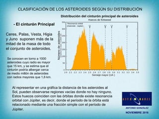 ANTONIO GONZÁLEZ
NOVIEMBRE 2016
CLASIFICACIÓN DE LOS ASTEROIDES SEGÚN SU DISTRIBUCIÓN
- El cinturón Principal
Ceres, Palas, Vesta, Higia
y Juno suponen más de la
mitad de la masa de todo
el conjunto de asteroides.
Se conocen en torno a 1000
asteroides cuyo radio es mayor
que 15 km, y se estima que el
cinturón podría albergar cerca
de medio millón de asteroides
con radios mayores que 1,6 km.
Al representar en una gráfica la distancia de los asteroides al
Sol, pueden observarse regiones vacías donde no hay ninguno.
Estos huecos coinciden con las órbitas donde existe resonancia
orbital con Júpiter, es decir, donde el período de la órbita está
relacionado mediante una fracción simple con el período de
Júpiter.
 