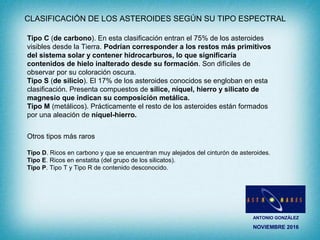 ANTONIO GONZÁLEZ
NOVIEMBRE 2016
CLASIFICACIÓN DE LOS ASTEROIDES SEGÚN SU TIPO ESPECTRAL
Tipo C (de carbono). En esta clasificación entran el 75% de los asteroides
visibles desde la Tierra. Podrían corresponder a los restos más primitivos
del sistema solar y contener hidrocarburos, lo que significaría
contenidos de hielo inalterado desde su formación. Son difíciles de
observar por su coloración oscura.
Tipo S (de silicio). El 17% de los asteroides conocidos se engloban en esta
clasificación. Presenta compuestos de sílice, níquel, hierro y silicato de
magnesio que indican su composición metálica.
Tipo M (metálicos). Prácticamente el resto de los asteroides están formados
por una aleación de níquel-hierro.
Otros tipos más raros
Tipo D. Ricos en carbono y que se encuentran muy alejados del cinturón de asteroides.
Tipo E. Ricos en enstatita (del grupo de los silicatos).
Tipo P. Tipo T y Tipo R de contenido desconocido.
 