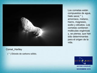 ANTONIO GONZÁLEZ
NOVIEMBRE 2016
Los cometas están
compuestos de agua,
hielo seco( * ),
amoníaco, metano,
hierro, magnesio,
sodio y silicatos. Los
cometas contienen
moléculas orgánicas
y, se piensa, que han
sido determinantes
para el origen de la
vida.
( * ) Dióxido de carbono sólido.
Comet_Hartley
 