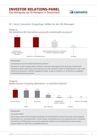 Kontakt: cometis AG | Michael Diegelmann | Unter den Eichen 7 | 65195 Wiesbaden | Tel. +49 (0) 611 20 58 55-0 | Fax +49 (0) 611 20 58 55-66 | info@cometis.de
INVESTOR RELATIONS-PANEL
Eine Befragung von IR-Managern in Deutschland
| 6
Frage 5:
Wie identifiziert Ihr Unternehmen potenzielle institutionelle Investoren?
80%
7%
80%
47%
Nutzung einer
(Investor-Targeting-)
Datenbank
Sonstiges
Eigene Medienrecherche bzw. Recherche
in öffentlich zugänglichen Quellen
Gespräche mit Marktteilnehmern
Kommentar
Datenbanksuche wird mit weiteren Recherchen kombiniert
Die bereits im Investor Targeting aktiven Teilnehmer setzen ganz überwiegend auf die Suche über entsprechende
Datenbanken (80%). Ebenso hoch im Kurs steht aber auch der persönliche Kontakt mit Marktteilnehmern, jeder Zweite
betreibt auch Recherchen in öffentlich zugänglichen Quellen. So gab ein Teilnehmer an, die Berichte neu aufgelegter
Investmentfonds gezielt auszuwerten.
Frage 6:
Welche (Investor-Targeting-)Datenbank / -en sind Ihnen bekannt?
Thomson Reuters
63% 59% 56%
22%
6% 3% 0%
IPREO S&P Capital IQ
NASDAQ OMX
Investor Targeting
Sonstige
Bloomberg Valuation Technologies
Kommentar
Drei große Anbieter
Bei der Frage, welche Investor-Targeting-Datenbanken den Panel-Teilnehmern bekannt sind, liegen erwartungsgemäß
die Plattformen der „Informationsmultis“ Thomson Reuters und Bloomberg weit vorne (jeweils etwa 60%). Auf gleicher
Höhe hält sich mit IPREO jedoch auch ein sehr spezialisierter Anbieter. Nur eine Minderheit kennt die die entspre-
chenden Systeme von S&P (22%) und NASDAQ OMX (6%).
II / 2013 | Investor Targeting: Selbst ist der IR-Manager
 