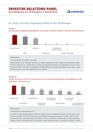 Kontakt: cometis AG | Michael Diegelmann | Unter den Eichen 7 | 65195 Wiesbaden | Tel. +49 (0) 611 20 58 55-0 | Fax +49 (0) 611 20 58 55-66 | info@cometis.de
INVESTOR RELATIONS-PANEL
Eine Befragung von IR-Managern in Deutschland
| 7
Frage 7:
Die (Investor-Targeting-)Datenbank / -en welches / welcher Anbieter nutzt Ihr Unternehmen?
50%
42%
33%
0%0%0%
IPREO S&P Capital IQ
NASDAQ OMX
Investor Targeting
Bloomberg
Valuation Technologies
Thomson Reuters
Kommentar
Thomson Reuters am weitesten verbreitet
Welche Anbieter nutzen diejenigen Teilnehmer, die datenbankgestütztes Investor Targeting bereits tatsächlich betrei-
ben? Hier ergibt sich ein zur Bekanntheit der Systeme korrespondierendes Bild: Die entsprechenden Tools von Thom-
son Reuters nutzen 50% dieser IR-Abteilungen, die IPREO-Datenbank und Bloomberg folgen auf den Plätzen. Andere
Systeme werden von den Panel-Teilnehmern nicht verwendet.
Frage 8:
Welche Kriterien legt Ihr Unternehmen bei der datenbankgestützten Identifikation insti-
tutioneller Investoren an?
33%
25%
17%
75%
42% 42%
33%
67%
Investitionsfokus
auf Deutschland
Fokus auf bestimmte
Marktkapitalisierungen
Investment Style
DividendenfondsBranchenfokus
Investmentklasse
Anlagehorizont
(Haltedauer)
Investitionsfokus
auf Europa
Kommentar
Investmentstil ist Auswahlkriterium Nr. 1
Die bereits „Investor-Targeting-affinen“ Teilnehmer wurden nach den Auswahlkriterien gefragt, die Sie bei der Inves-
torensuche anlegen. Für drei Viertel spielt der Investmentstil, die Kategorisierung etwa in Growth, Value etc., eine
entscheidende Rolle. Der Branchenfokus der Investoren ist für zwei Drittel der Unternehmen ein wichtiges Kriterium.
Daneben nutzen die IR-Manager aber auch zahlreiche weitere Kategorisierungen, um potentielle Investoren zu filtern.
II / 2013 | Investor Targeting: Selbst ist der IR-Manager
 