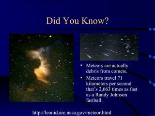 Did You Know?



                       • Meteors are actually
                         debris from comets.
                       • Meteors travel 71
                         kilometers per second
                         that’s 2,663 times as fast
                         as a Randy Johnson
                         fastball.

http://leonid.arc.nasa.gov/meteor.html
 