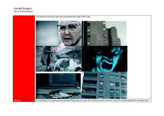 Kendell Burgess
Music VideoAnalysis
Justbefore thatshot a pan wasuseddownthe side of the flats.
Editing For editinginthisvideowe cansee thattheyhave cut fromthe childrentothe monsterinthe TV as theywatchhimemerge from
 