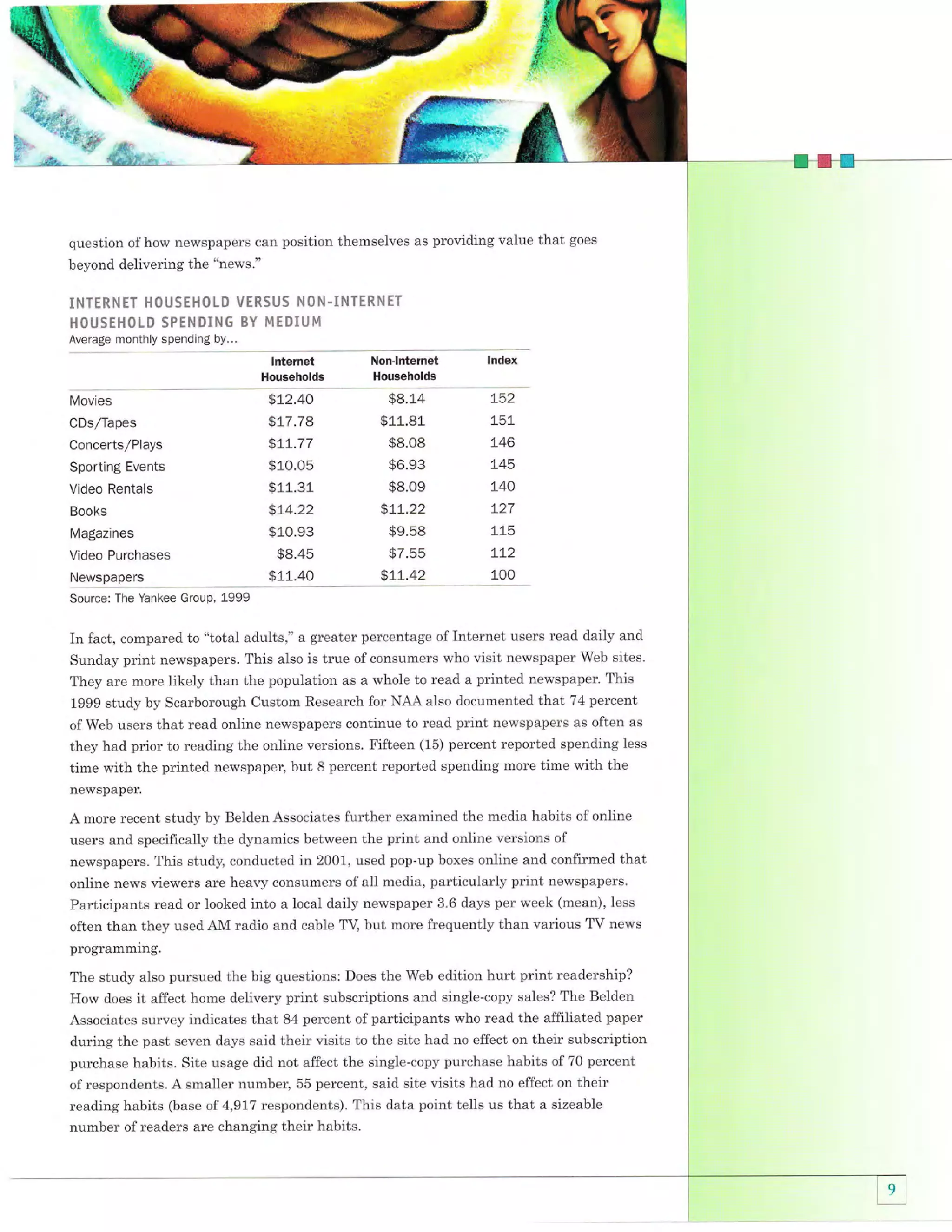 i-:9jrr:

fur,,i;l

question ofhow newspapers can position themselves as providing value that goes
beyond delivering the "news."
Ii{TNRNTT HOI"'sEHOI.D VERSUs NON.Ii{TENNET
HOUSTHOLO sPENElN6 BY MEBII.'M
Average monthly spending by...

lntelnet
Households

Non-lnternet
Households

Movies

$L2.40

$8.14

L52

CDs/Tapes

$L7.78

$11.81

Concerts/Plays

$L1,.77

$8.08

!51
!46

Sporting Events

$10.05

$6.93

1_45

Video Rentals

$11.31

$8.09

t40

Books

$74.22

$71.22

L27

Magazines

$10.93

$9.58

L!5

$8.45

$7.55

LL2

$11.40

$i-1,.42

100

Video Purchases
Newspapers
Source: The Yankee Group, 1999

In fact, compared to "total adults," a greater percentage of Internet users read daily and
Sunday print newspapers. This also is true of consumers who visit newspaper Web sites.
They are more likely than the population as a whole to read a printed newspaper. This
1999 study by Scarborough Custom Research for NAA also documented that 74 percent
of Web users that read online newspapers continue to read print newspapers as often as
they had prior to reading the online versions. Fifteen (15) percent reported spending less
time with the printed newspaper, but 8 percent reported spending more time with the
newspaper.

A more recent study by Belden Associates further examined the media habits of online
users and specifically the dynamics between the print and online versions of
newspapers. This study, conducted in 2001, used pop-up boxes online and confirmed that
online news viewers are heavy consumers of all media, particularly print newspapers.
Participants read or looked into a local daily newspaper 3.6 days per week (mean), less
often than they used AM radio and cable TV, but more frequently than various TV news
programming.
The study also pursued the big questions: Does the Web edition hurt print readership?
How does it affect home delivery print subscriptions and single-copy sales? The Belden
Associates survey indicates that 84 percent of participants who read the affiliated paper
during the past seven days said their visits to the site had no effect on their subscription
purchase habits. Site usage did not affect the single-copy purchase habits of 70 percent
of respondents. A smaller number, 55 percent, said site visits had no effect on their
reading habits (base of 4,917 respondents). This data point tells us that a sizeable

number of readers are changing their habits.

 