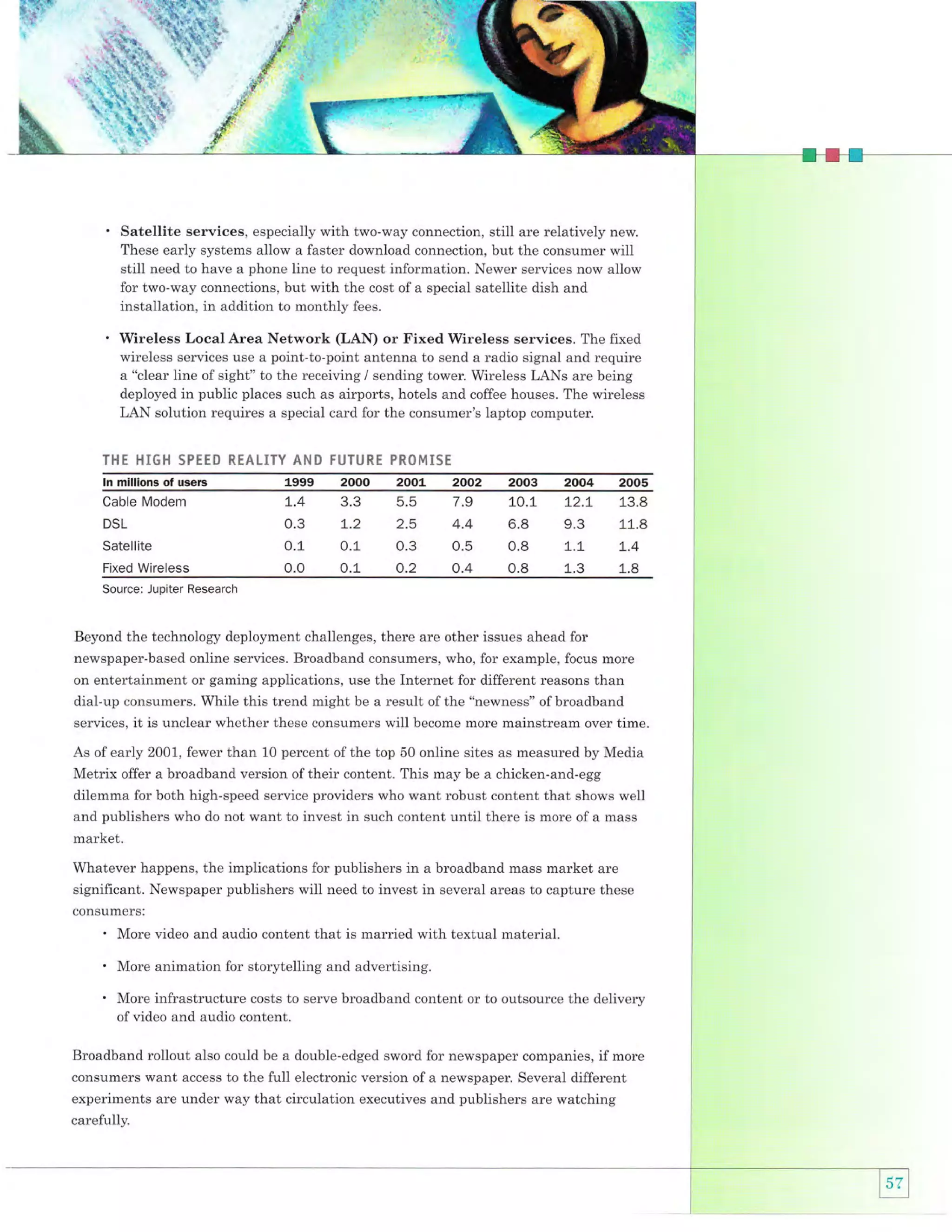 Satellite services, especially with two-way connection, still are relatively new.
These early systems allow a faster download connection, but the consumer will
still need to have a phone line to request information. Newer services now allow
for two-way connections, but with the cost of a special satellite dish and
installation, in addition to monthly fees.
Wireless Local Area Network (LAN) or Fixed Wireless services. The fixed
wireless services use a point-to-point antenna to send a radio signal and require
a "clear line of sight" to the receiving / sending tower. Wireless LANs are being
deployed in public places such as airports, hotels and coffee houses. The wireless
LAN solution requires a special card for the consumer's laptop computer.
Th{T HI6I"I SPETD REALITY AND FI.'TURT PROMiSE
ln millions of users

1999 2000

200L

Cable Modem

7.4

3.3

5.5

2002
7.9

DSL

0.3

1-.2

2.5

Satellite

0.1

0.1-

Fixed Wireless

0.0

0.1

2003

2004

200s

LO.t

72.1_

13.8

4.4

6.8

0.5

0.8

o.2

o.4

0.8

9.3
7.7
1.3

11.8

0.3

1-.4

1.8

Source: Jupiter Research

Beyond the technology deployment challenges, there are other issues ahead for
newspaper-based online services. Broadband consumers, who, for example, focus more
on entertainment or gaming applications, use the Internet for different reasons than

dial-up consumers. While this trend might be a result of the "newness" of broadband
it is unclear whether these consumers will become more mainstream over time

services,

As of early 2001, fewer than 10 percent of the top 50 online sites as measured by Media
Metrix offer a broadband version of their content. This may be a chicken-and-egg

dilemma for both high-speed service providers who want robust content that shows well
and publishers who do not want to invest in such content until there is more of a mass
market.
Whatever happens, the implications for publishers in a broadband mass market are
significant. Newspaper publishers wili need to invest in several areas to capture these
consumers:

'

More video and audio content that is married with textual material.

'

More animation for storytelling and advertising.

'

More infrastructure costs to serve broadband content or to outsource the deliverv
of video and audio content.

Broadband roliout also could be a double-edged sword for newspaper companies,

if

more

consumers want access to the full electronic version of a newspaper. Several different
experiments are under way that circulation executives and publishers are watching
carefully.

--l

;)

.

 