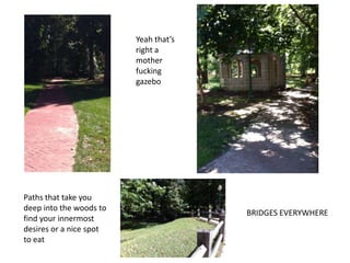 Yeah that’s
right a
mother
fucking
gazebo
Paths that take you
deep into the woods to
find your innermost
desires or a nice spot
to eat
BRIDGES EVERYWHERE
 