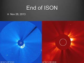 “sungrazer”

ISON

Most observed comet ever
In addition to ground based observers, including amateurs,
many spacecraft watched the comet

Mike Hankey, Nov. 15, 2013, Auberry, California.

 