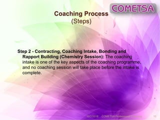 Coaching Process
(Steps)
Step 2 - Contracting, Coaching Intake, Bonding and
Rapport Building (Chemistry Session): The coaching
intake is one of the key aspects of the coaching programme,
and no coaching session will take place before the intake is
complete.
10/2/2018 COMETSA Professional Coaching 10
 
