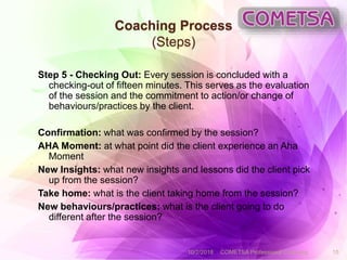 Coaching Process
(Steps)
Step 5 - Checking Out: Every session is concluded with a
checking-out of fifteen minutes. This serves as the evaluation
of the session and the commitment to action/or change of
behaviours/practices by the client.
Confirmation: what was confirmed by the session?
AHA Moment: at what point did the client experience an Aha
Moment
New Insights: what new insights and lessons did the client pick
up from the session?
Take home: what is the client taking home from the session?
New behaviours/practices: what is the client going to do
different after the session?
10/2/2018 COMETSA Professional Coaching 15
 