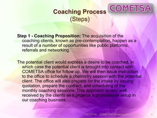 Coaching Process
(Steps)
Step 1 - Coaching Proposition: The acquisition of the
coaching clients, known as pre-contemplation, happen as a
result of a number of opportunities like public platforms,
referrals and networking.
The potential client would express a desire to be coached, in
which case the potential client is brought into contact with
COMETSA office for follow up. We will then issue instruction
to the office to schedule a chemistry session with the potential
client. The office will also prepare for the intake by issuing
quotation, prepare the contract, and scheduling of the
monthly coaching sessions. This approach is very well
received by the clients as it projects a professional setup in
our coaching business.
10/2/2018 COMETSA Professional Coaching 9
 